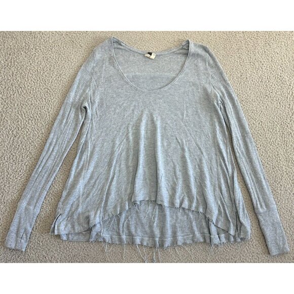 Free People Waffle Knit Top Boat Neck Shirt High Low Raw Hem Blue - Picture 1 of 16